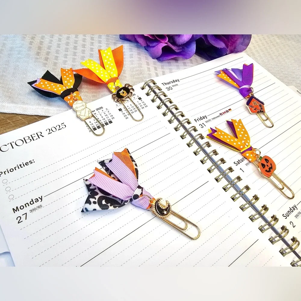 Set of 5 Halloween Ribbon Paperclip Bookmarks with Charms